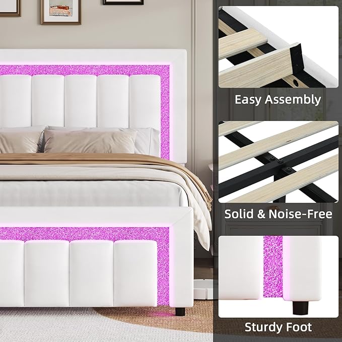 HOMBCK Full Size Bed Frame with LED Lights and Velvet Upholstered Headboard, Bed Frame Full with Modern Diamond Headboard Adjustable, Wooden Slats Support, Noise Free, No Box Spring Needed, White