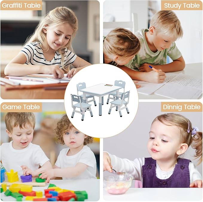 GarveeHome Kids Table and 4 Chairs Set, Height Adjustable Toddler Table and Chair Set, Graffiti Desktop, Children Study Table for Home Daycare Preschool for Ages 2-8