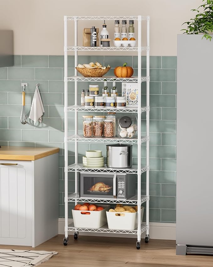 8 Tier Shelves Storage Shelf Wire Closet Bathroom Organizers Metal Pantry Kitchen Garage Shelving Unit Laundry Room Organization Home Rack Net Basket Black with Wheels 12”D X 22”W X 74.2”H