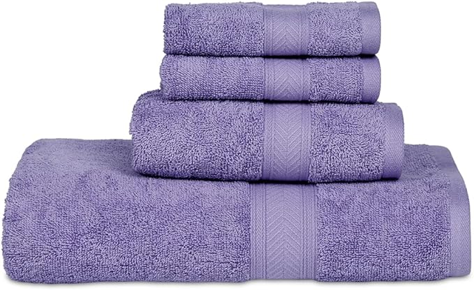 Casa Lino 100% Cotton Bath Towels Set of 4 (1 Bath Towel, 1 Hand Towel & 2 Wash Cloths) - Bathroom Towels and Washcloths Set - Complete Bathroom Set - Guest Room Essentials - (Purple)