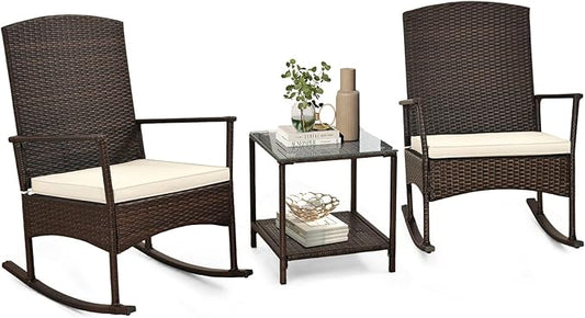 Tangkula 3 Pieces Rocking Wicker Bistro Set, Outdoor Front Porch Rocker Chairs Conversation Set with 2-Tier Tempered Glass Coffee Table and Thick Cushions for Garden, Balcony, Poolside (Off White)