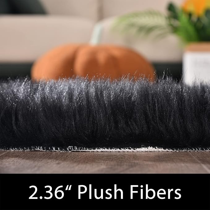 Latepis Black Runner Bedside Rug 2x6 Area Faux Sheepskin Fur Rug Washable Fluffy Rugs for Bedroom Fuzzy Rugs for Living Room Sofa Floor Cushion Luxury Home Decor