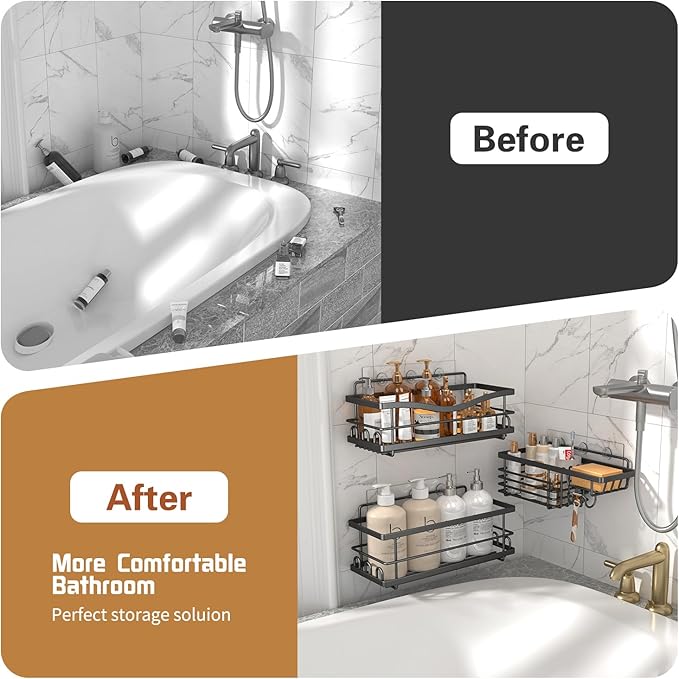 Shower Caddy, 3 Pack Large Capacity Bathroom Organizers and Storage, No Drilling Adhesive Rustproof Shelves with Soap Holder, Home Decor, Black