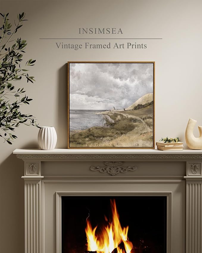 InSimSea Square Framed Canvas Wall Art, Large Decor Danish Coastal Landscape Paintings, Seaside Scenery Wall Pictures for Bedroom Living Room, Canvas Prints Artwork, Vintage Decor 20"x20"