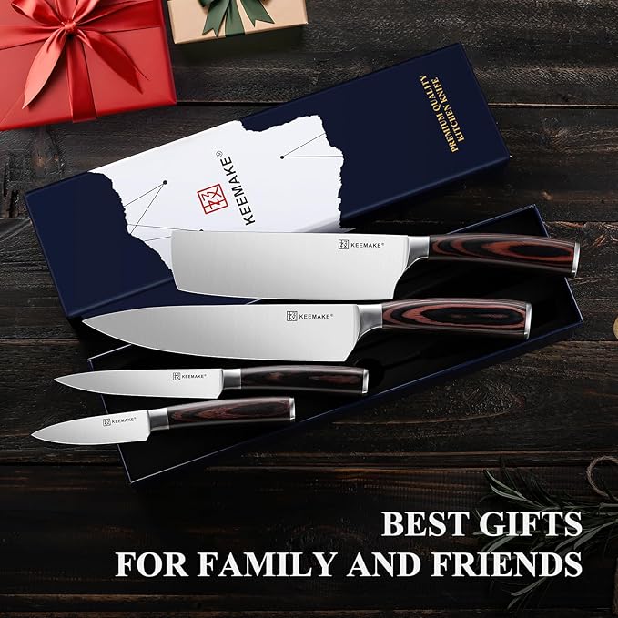 KEEMAKE Kitchen Knife Set of 4pcs - Sharp Kitchen Knives High Carbon Stainless Steel Blade, Chef Knife Set Pakkawood Handle Knives Set for Kitchen, w/Elegant Gift Box
