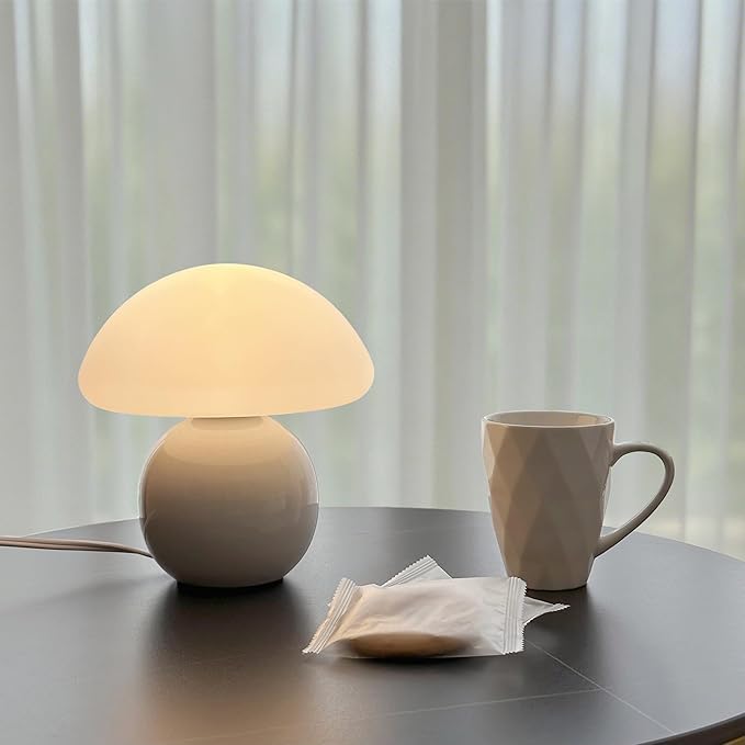 Mushroom Lamp Ceramic Base,White Cute 70s Mid Century Modern Decor Lamp for Bedroom,Small Abstract Table Bedside Glass Mood Coze Fun Warm Light