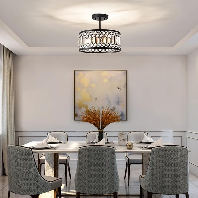 Crystal Black Ceiling Light, Modern Semi Flush Mount Ceiling Lighting Fixture, Round Hallway Lighting Fixtures Chandelier for Kitchen Entryway Bedroom Dining Room, 3-Light, 12.2 Inch