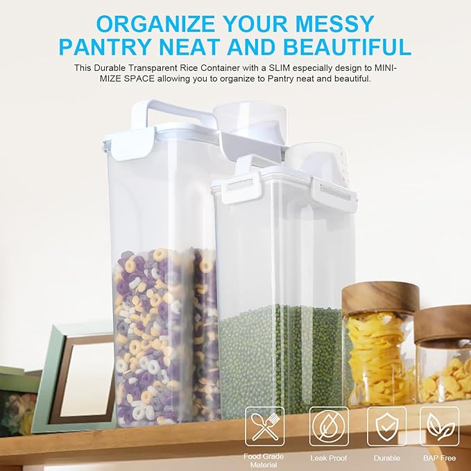 Rice Airtight Dry Food Storage Containers 2 Pack, BPA Free Plastic Storage Bin Dispenser with Pourable Spout, Portable Handle, Kitchen Pantry Organization for Cereal, Flour and Baking Supplies