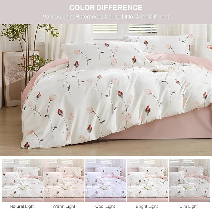 SAPHREAS Floral Duvet Cover Set 3pcs Full Size Pink Red Botanical Rose Bedding Comforter Cover Set 100% Cotton 1 Duvet Cover 90"x80" 2 Pillow Shams, Comforter Not Included