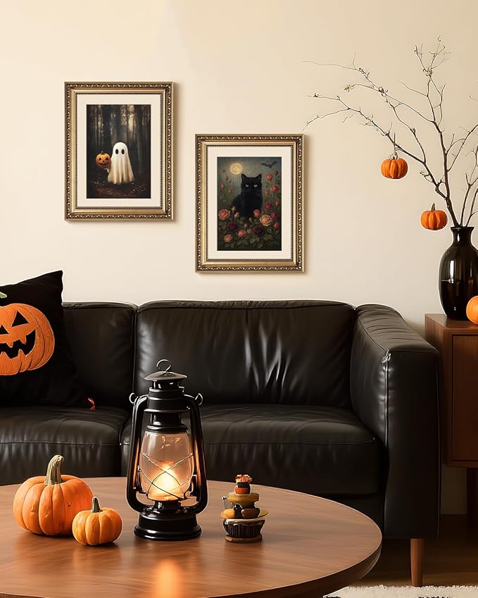 VIYYIEA Vintage Gold Framed Wall Art for Living Room, Ghost & Pumpkin Head Artwork Prints Decor, Halloween Wall Decor, Gallery Picture Painting, for Bedroom Bathroom Kitchen 14L x 11W