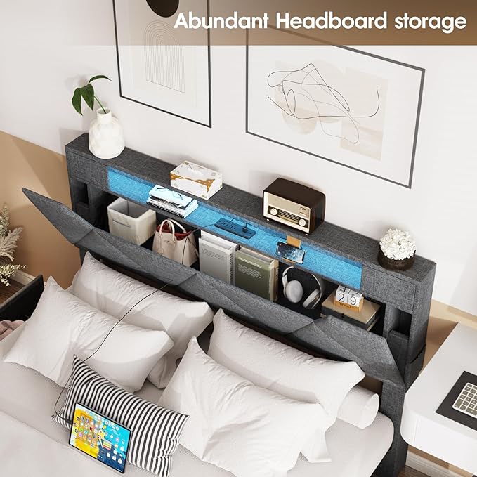 Vabches Full Size Bed Frame with Storage Headboard and 4 Drawers,Upholstered Platform with Charging Station and Led Lights,Adjustable Headboard,No Box Spring Needed,Dark Grey