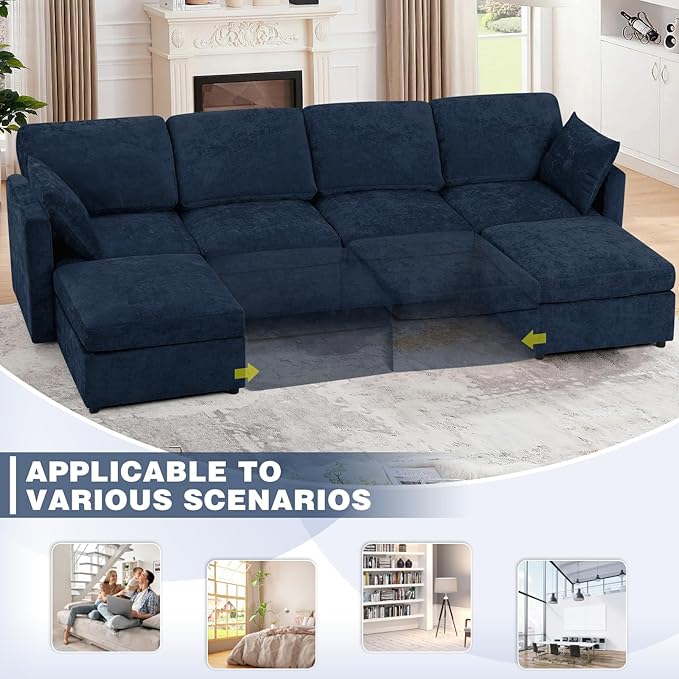 110” Chenille 4 Seats Sofa W/2 Movable Ottoman, Modern Fabric U-Shaped Couch with Soft Backrest, Upholstered Sectional Sofa with Armrest Pillows for Living Room, Office, Blue