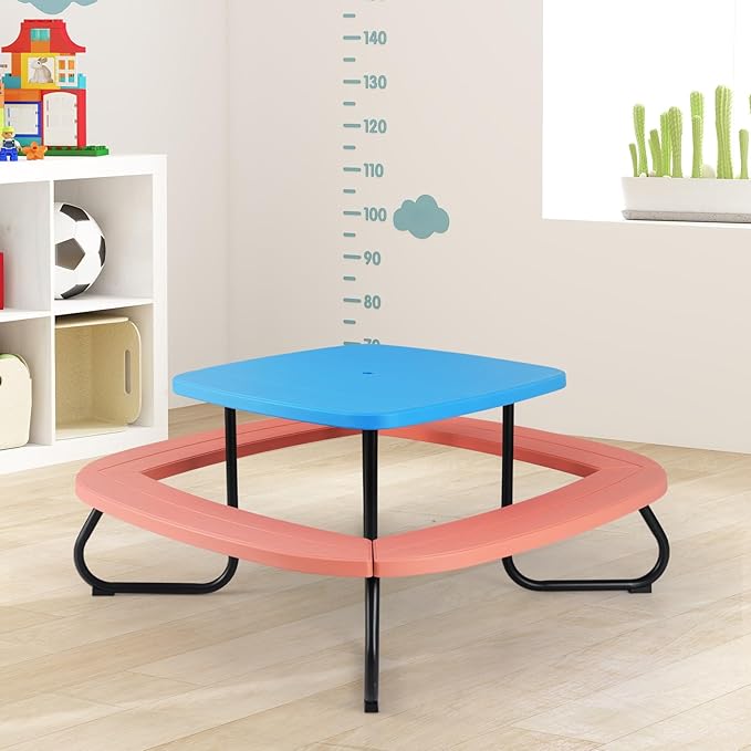 KOTEK 8-Person Kids Picnic Table, Toddler Activity Table with Removable Umbrella, 4 Built-in Benches, HDPE Top & Metal Frame, Kids Outdoor Table for Patio Garden Backyard (Blue+Red)