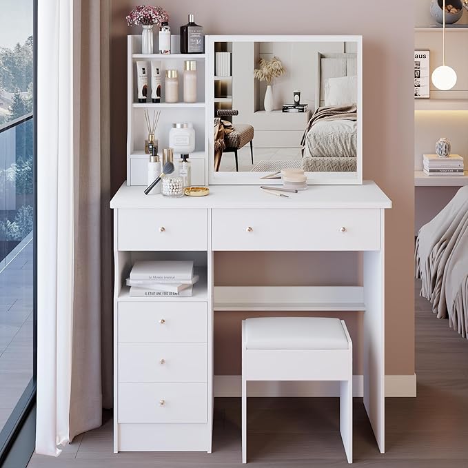 KEIKI Vanity Desk with Sliding Mirror & Cushioned Stool, 37'' Makeup Dressing Table Set for Bedrooms, Dorms, Apartments, White