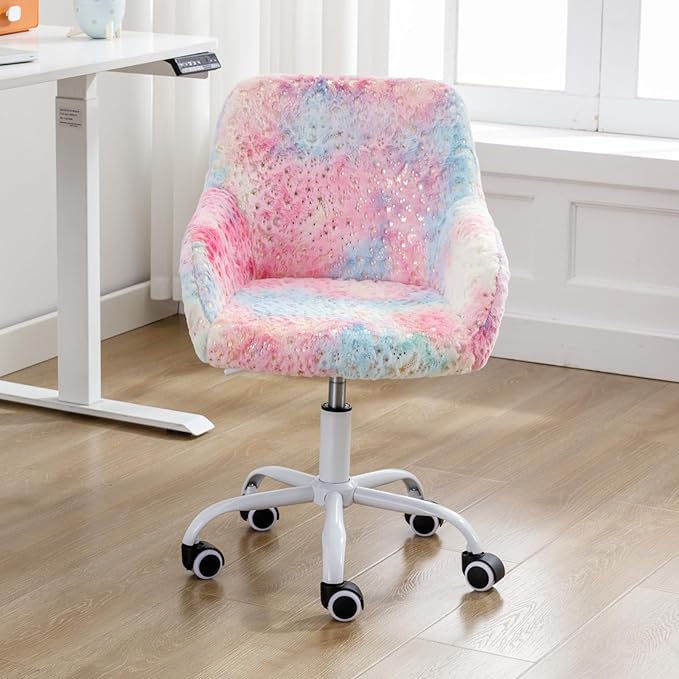 LukeAlon Kids Adjustable Desk Chair, Furry Study Chair with Swivel Base Cute Upholstered Faux Fur Reading Chair with Arms for Girls Children, Colorful