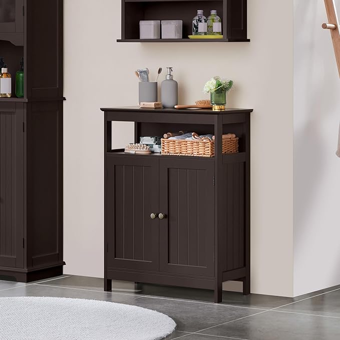 Yaheetech Bathroom Floor Storage Cabinet, Wooden Free Standing Storage Organizer with 2 Doors & Adjustable Shelf for Living Room, Hallway, Espresso