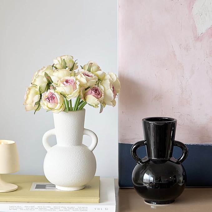 7 Inch White Ceramic Vase with 2 Handles, Modern Flower Vase Decorative Vases for Bouquet, Unique Vases for Home Decor Farmhouse Living Room Table Centerpieces Wedding Decorations
