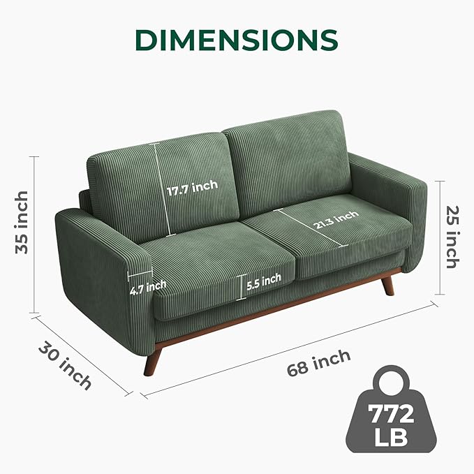Vesgantti 68" Loveseat Sofa - Green, Comfy Corduroy with Spring Cushion, Solid Wood Frame, Modern Deep Seat, Bedroom & Living Room, Office Couch