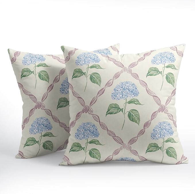 Kawani Hydrangea Pillow Covers 24x24 Inch Watercolor Blue and Pink Floral Outdoor Decorative Throw Pillows Set of 2 Rustic Elegant Flower Pillowcases Cushion Covers for Home Couch Decor
