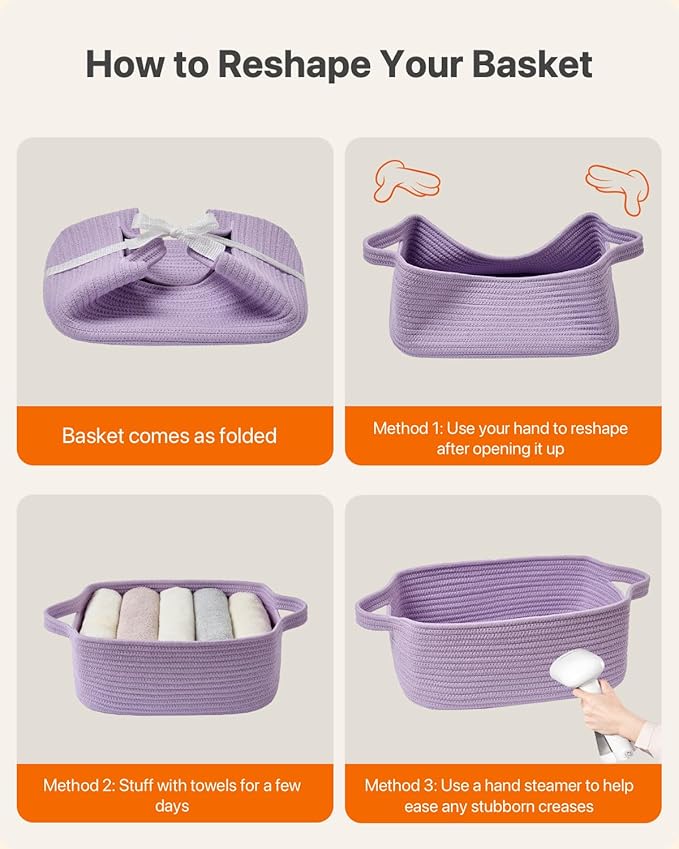 KALLAX Small Woven Basket, 14 x 10 x 5.6 Inches, Small Storage Baskets for Organizing, Gift Baskets Empty, Cute Rope Shelf Closet Storage Bins for Shelves, Dog Toy Basket, Purple