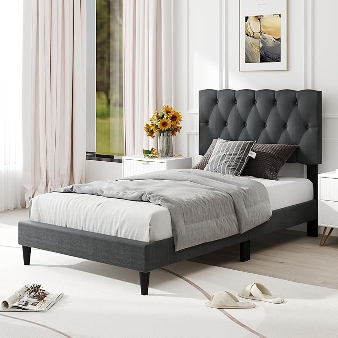 Giantex Twin Bed Frames with Headboard, Modern Upholstered Platform Bed Frame with Diamond Tufting Headboard, Wooden Slats Support, No Box Spring Needed, Gray