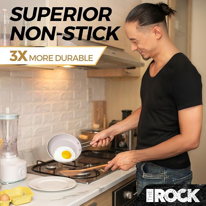 THE ROCK Single Serve Nonstick Pots and Pans Set, 4pc Portion Control Cookware Set with Rock.Tec, Scratch/Stain/Crack Proof, Oven & Dishwasher Safe, Perfect for Dorm, Camping & Small Kitchens, White