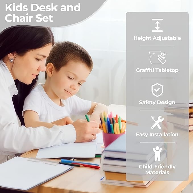 Kids Desk and Chair Set, Multi-Activity Children Study Table and Chair Set with Bookshelf for Home/Classrom, Height Adjustable, Graffiti Desktop, Removable Storage Rack for Toddler Ages 3-12