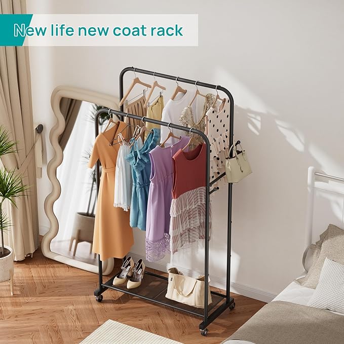 SINGAYE Clothes Rack Garment Clothing Hanger:Coat Rack Metal Double Bar Freestanding for Hanging Clothes Portable With Wheels Rolling Closet for Laundry Bedroom Drying Black