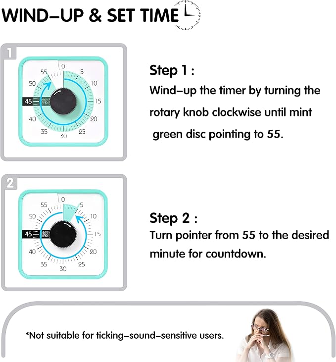 TWENTY5 SEVEN Countdown Timer 7.5 inch; 60 Minute 1 Hour Visual Timer – Classroom Teaching Tool Office Meeting, Mechanical Countdown Clock for Kids Exam Time Management Magnetic, Mint Green