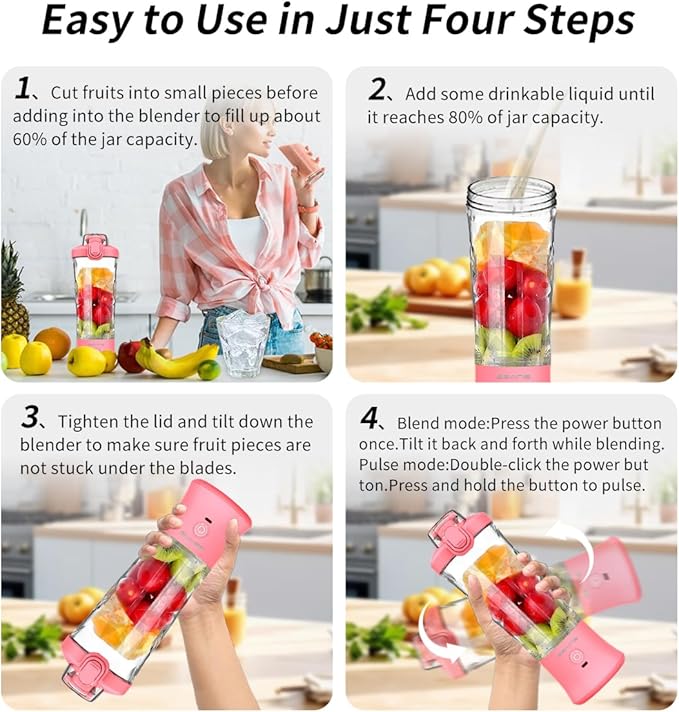 Portable Blender, Personal Blender for Shakes and Smoothies with 20 Oz Travel Cup and Lid, Mini Personal Size Blender with 6 Blades and USB Rechargeable for Gym, Kitchen and Outdoors (Pink)