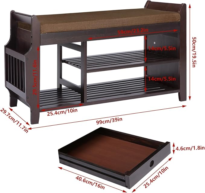 Bamboo Shoe Storage Bench, 3-Tier Shoe Rack with Padded Seat Cushion, Shoe Organizer Shelves for Entryway, Living Room, Bedroom, Hallway, Brown 39”