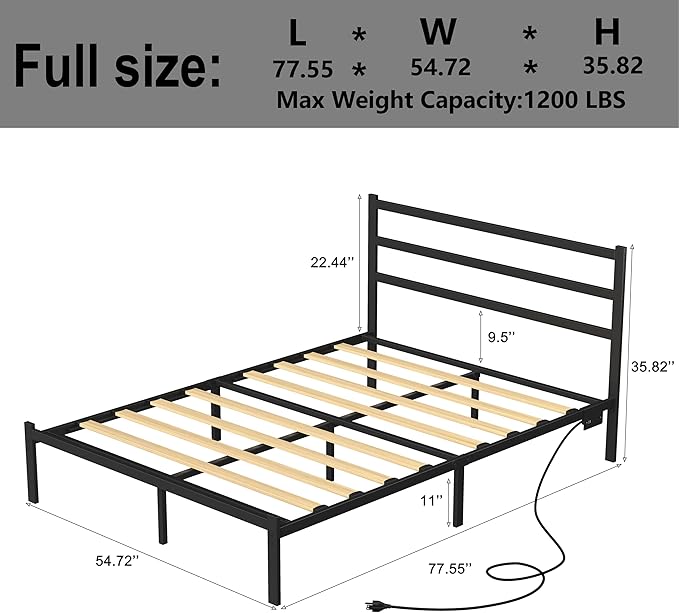 Full Bed Frame with Smart LED Lights, Storage Headboard and USB Charging Station,Heavy Duty Wooden Slats, No Box Spring Needed, Noise Free, Easy Assembly (Minimalist Black, Full)