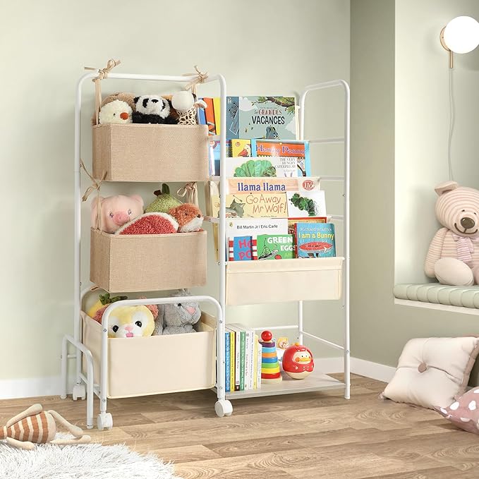 Kids Bookshelf and Toy Storage, Montessori Bookshelf, 4-Tier Baby Toddler Book Shelves, Bookshelf for Kids with Toy Storage Organizer, Book Shelf for Kids Rooms Nursery Playroom Classroom