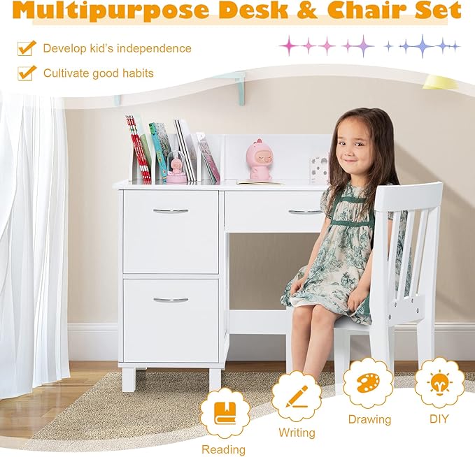 Costzon Kids Desk and Chair Set, Children Wooden School Learning Table w/Drawer & Storage Cabinets, Student Writing Computer Workstation for Bedroom & Study Room, Gift for Ages 3-8 (White)