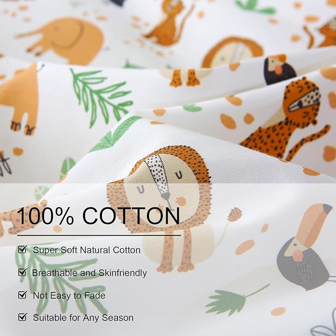 Ivellow Twin Duvet Cover for Kids Cartoon 100% Cotton Kids' Duvet Cover Set Zoo Animal Lion Elephant Patterned Ultra Soft Breathable Cute Toddler Bedding Set Zipper Closure Boys Girls Teens