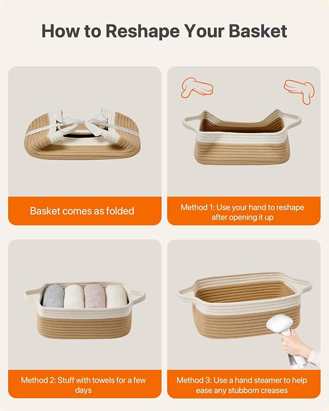 KALLAX Small Woven Basket, 12 x 8 x 4.5 Inches, Small Storage Baskets for Organizing, Gift Baskets Empty, Cute Rope Shelf Closet Storage Bins for Shelves, Dog Toy Basket, White & Brown