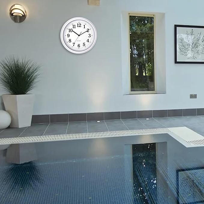 Caysie 12 Inch Sealed Indoor Outdoor Waterproof Wall Clock, Durable Silent Non-Ticking Battery Operated Quality Quartz Round Clock, Wall Decorative for Patio, Pool, Bathroom (White)