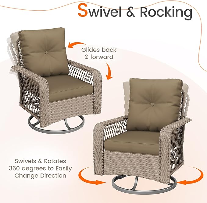 UDPATIO Patio Furniture Set 360 Swivel Chair 3 Piece Patio Set Wicker Outdoor Chair with Coffee Table for Yard, Bistro, Balcony
