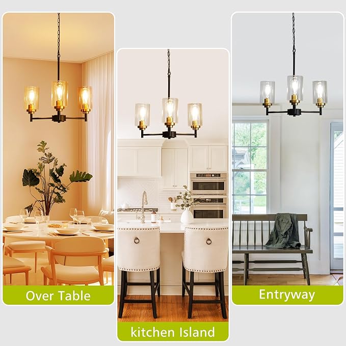 9MMML 3 Lights Black and Gold Chandelier, Modern Glass Ceiling Chandelier Light Fixture for Dining Room, Kitchen, Over Table,Foyer, E26 Base