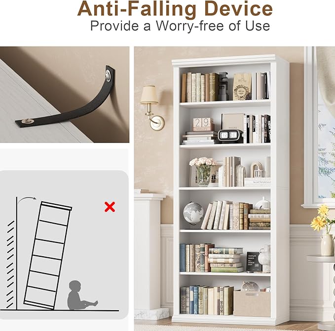 Rresyet Bookcase and Bookshelves, 28" W Tall Bookshelf with Elegant Design, 6 Tiers Spacious Book Storage, Freestanding Book Organizer, Display Library Shelf for Home Office, Living Room & Study Room