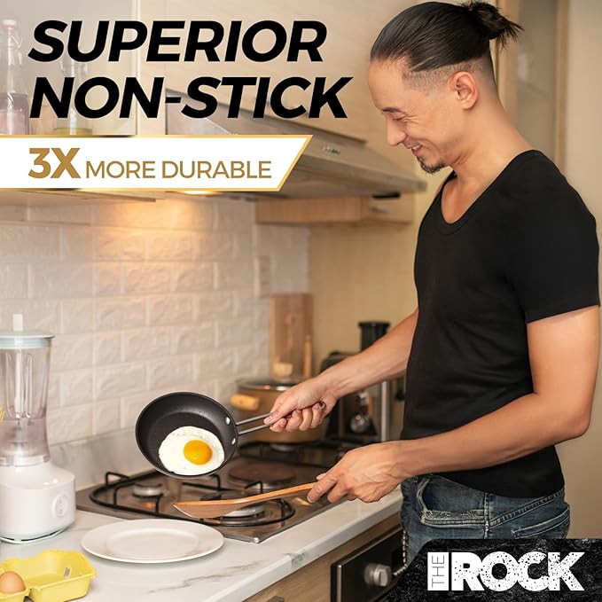 THE ROCK Single Serve Nonstick Pots and Pans Set, 6pc Portion Control Cookware Set with Rock.Tec, Scratch/Stain/Crack Proof, Oven & Dishwasher Safe, Perfect for Dorm, Camping & Small Kitchens, Black