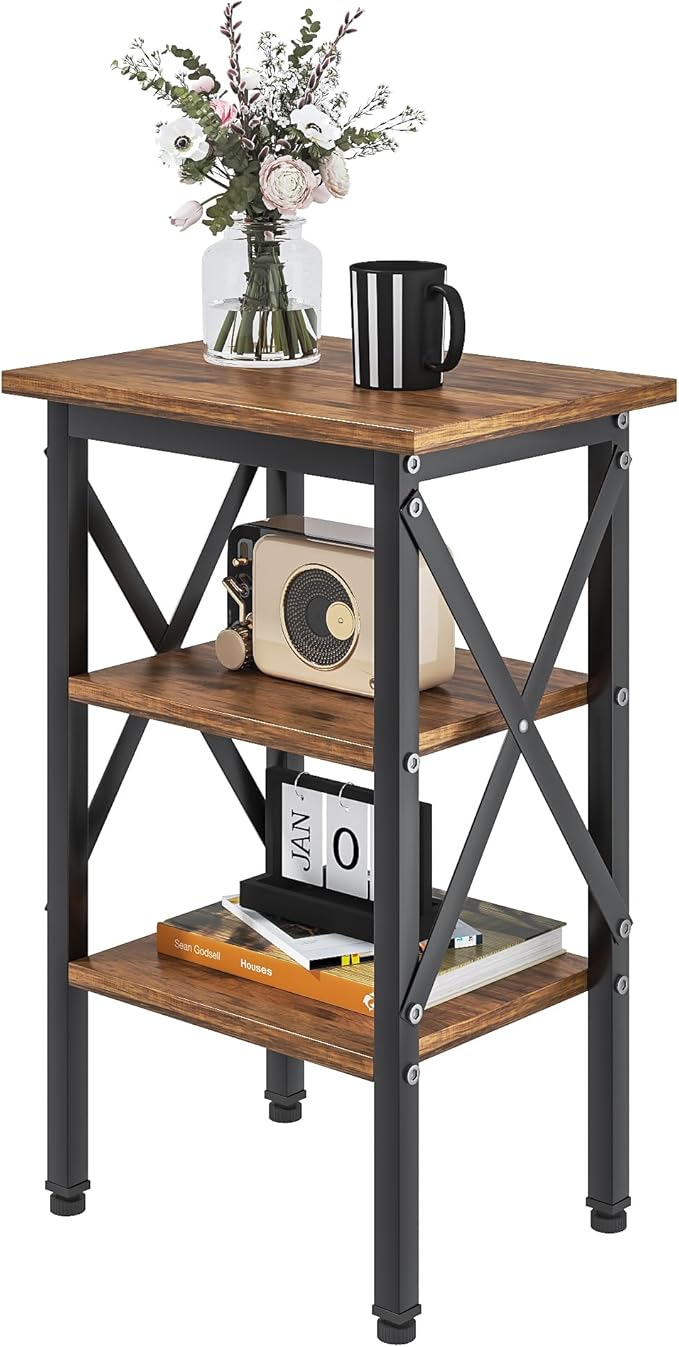 VECELO End Table, Bedside Table, 24" Tall Living Room End Tables, X-Design Reinforced Nightstands, Side Table with 3-Tier Storage Shelves for Small Spaces, Office, Bathroom, Bedroom, Rustic Brown