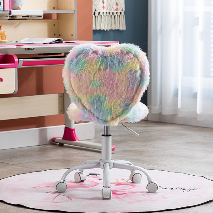 Cute Fuzzy Kids Chair Comfy Study Desk Chair Furry Studing Computer Task Chairs Faux Fur Swivel Vanity Chairs for Girls Bedroom, Multi-Color