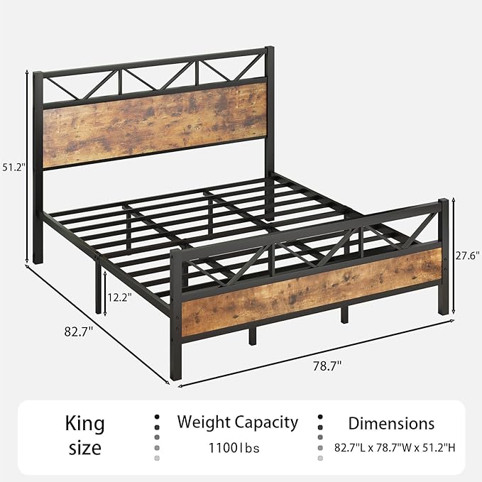 King Size Bed Frame, King Bed Frame and 51.2" Tall Industrial Headboard, King Platform Bed Frame with Strong Steel Slats Support, Noise Free, No Box Spring Needed, Easy Assembly, Rustic Brown
