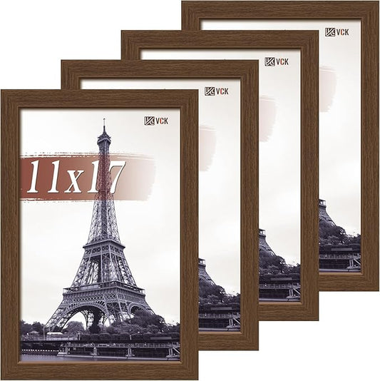 VCK 11x17 Picture Frame Set of 4 - Brown, Gallery-Quality Wood Poster Frames, 1.1-Inch Wide Border, Polished Plexiglass, Vertical or Horizontal Wall Display for Photo/Art/Prints, Brown
