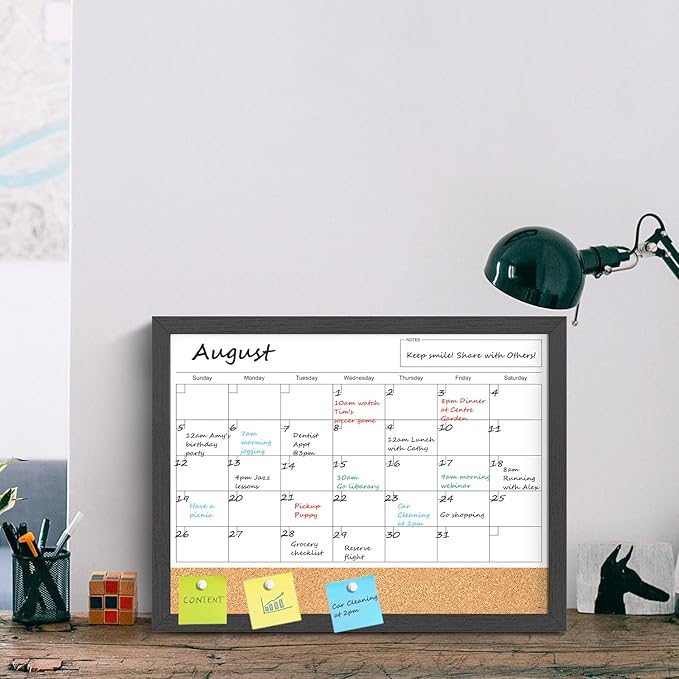 Dry Erase Calendar for Wall, 17x13 Inches Calendar Whiteboard for Wall, Small Magnetic White Board Corkboard with Wood Framed, Hanging Dry Erase Board for Kitchen Home Office School Planner
