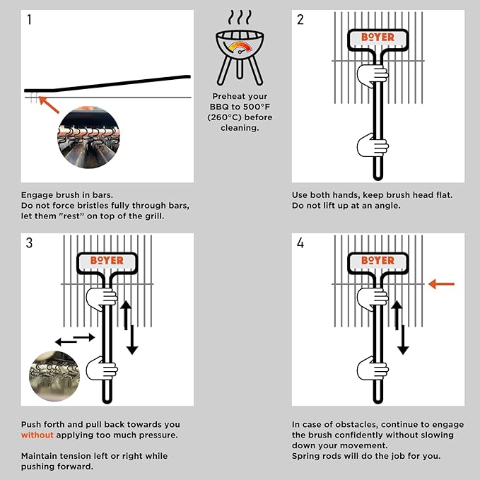 The Boyer Brush™ - The Safest Grill Brush, Wire-Bristle Free, All-Metal Construction, Cast Aluminum Body, Stainless Steel Wire Spring Coil, Fire Resistant