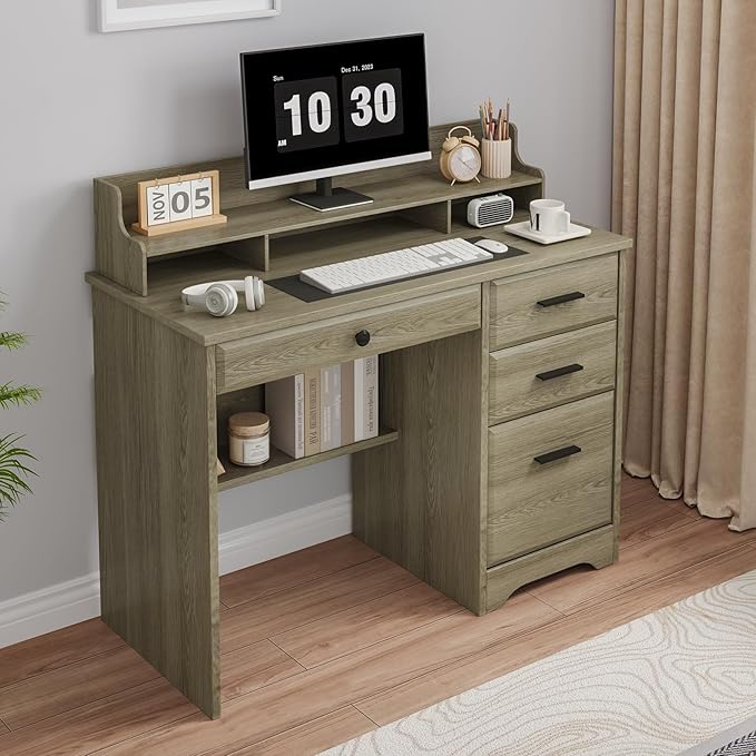 4 EVER WINNER Computer Desk with Drawers, Farmhouse Home Office Desk with Monitor Stand and File Drawer, Wood Simple PC Desk with Storage, Writing Desk for Bedroom, Grey