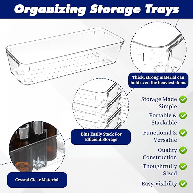 12 Pcs Clear Plastic Drawer Organizers, Vanity Drawer Organizer for Kitchen Utensils, Bathroom Drawers Organizer Trays, 9 x 3 x 2 Inch Acrylic Drawers Dividers for Makeup and Office Desk Organization