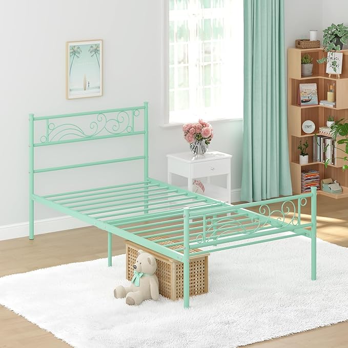 Weehom Twin Bed Frames with Headboard, Heavy Duty Metal Platform No Box Spring Needed Under-Bed Storage Easy Assembly Twin Sized Bed for Kids Girls Adults,Mint Green